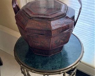 Antique Asian bridal basket; small brass table