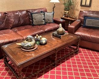 Fabulous leather sofa and chair; barley twist coffee table