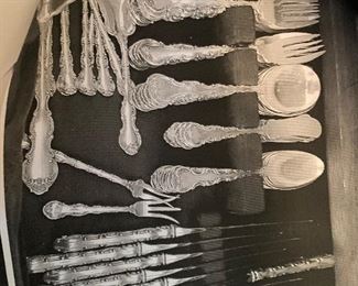 Strabourge Sterling Silver flatware- set 8 place setting for 12 and 12 serving pieces, over 3200 grams sterling silver. Place setting: 12 dinner knives (9 1/2")- 12 dinner forks (8")- 12 place fork (7")- 12 salad fork (6 3/4")- 12 soup spoon (6")- 12 butter knife (6")- 24 tea spoons (6")- SERVING PIECES: 2 table spoon (8 1/2")- Master butter knife (7 1/2")- Cheese spreader (6 1/2")- Cheese cleaver (6 1/4")- 2 sugar spoon (6")- gravy ladle (7")- cream ladle (5 1/2")- Olive fork (5 3/4")