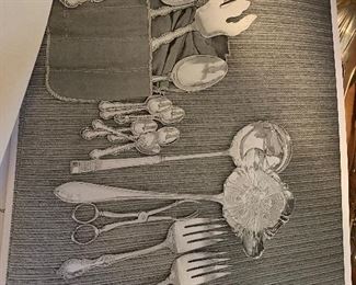 Strabourge Sterling Silver flatware- set 8 place setting for 12 and 12 serving pieces, over 3200 grams sterling silver. Place setting: 12 dinner knives (9 1/2")- 12 dinner forks (8")- 12 place fork (7")- 12 salad fork (6 3/4")- 12 soup spoon (6")- 12 butter knife (6")- 24 tea spoons (6")- SERVING PIECES: 2 table spoon (8 1/2")- Master butter knife (7 1/2")- Cheese spreader (6 1/2")- Cheese cleaver (6 1/4")- 2 sugar spoon (6")- gravy ladle (7")- cream ladle (5 1/2")- Olive fork (5 3/4")