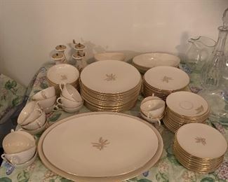 Lenox dinner set -15 Dinner Plate, 15 Fruit Dessert Bowl, 2 salt and pepper mills, 1 gravy boat with attached under plate, 12 salad plates, 1 serving platter (oval), 1 serving platter (oval), 2 vegetable bowl (oval), 15 flat cup & saucer set, 12 bread and butter plate