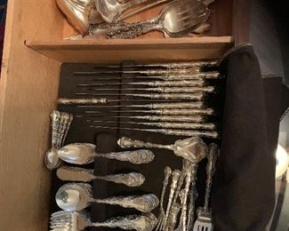 Strabourge Sterling Silver flatware- set 8 place setting for 12 and 12 serving pieces, over 3200 grams sterling silver. Place setting: 12 dinner knives (9 1/2")- 12 dinner forks (8")- 12 place fork (7")- 12 salad fork (6 3/4")- 12 soup spoon (6")- 12 butter knife (6")- 24 tea spoons (6")- SERVING PIECES: 2 table spoon (8 1/2")- Master butter knife (7 1/2")- Cheese spreader (6 1/2")- Cheese cleaver (6 1/4")- 2 sugar spoon (6")- gravy ladle (7")- cream ladle (5 1/2")- Olive fork (5 3/4")
