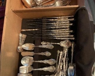 Strabourge Sterling Silver flatware- set 8 place setting for 12 and 12 serving pieces, over 3200 grams sterling silver. Place setting: 12 dinner knives (9 1/2")- 12 dinner forks (8")- 12 place fork (7")- 12 salad fork (6 3/4")- 12 soup spoon (6")- 12 butter knife (6")- 24 tea spoons (6")- SERVING PIECES: 2 table spoon (8 1/2")- Master butter knife (7 1/2")- Cheese spreader (6 1/2")- Cheese cleaver (6 1/4")- 2 sugar spoon (6")- gravy ladle (7")- cream ladle (5 1/2")- Olive fork (5 3/4")