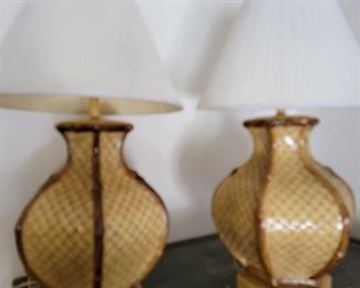 Pair of contemporary ceramic table lamps.  Faux bamboo & lattice form.