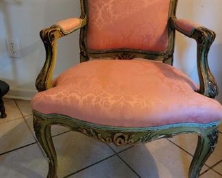 Belle Epoque Period Fauteuil. Bass wood frame with original Venetian Green Paint.  Hand carved in an exuberant style.