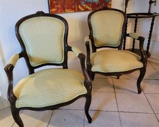 Pair of Louis XV Period Fauteuils, heavy walnut frames.