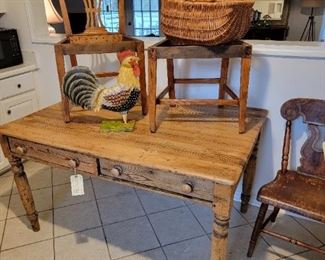 English Early 19th Century Pine Table with one divided cutlery drawer, second drawer an open interior.