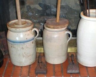 Several vintage churns