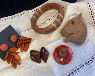 Hand Carved Wood Lucite Brooch. Wooden Horse Pin