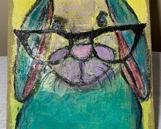 Original Signed Bunny Painting On Burlap