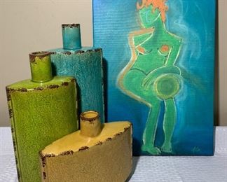 Modern Art: Nude Painting & Ceramic Vases (4PCS)
