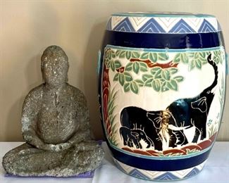 Cement Buddha Seated In Meditation And Ceramic Elephant Stool