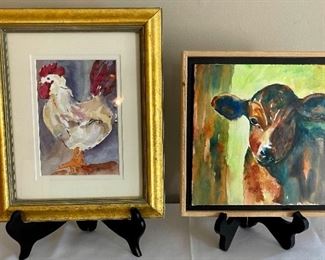 Watercolor "Rooster" signed by Artist FISH.
Watercolor "Calf" is perfectly framed with rustic details.