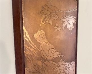 Beautiful etched bird on copper picture.