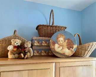 Steiff bears, baskets and angel storage boxes.