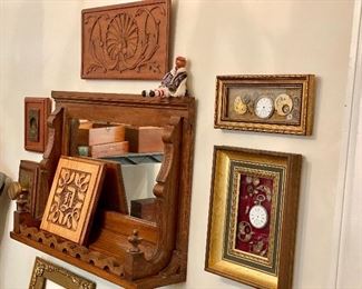 Antique watch parts framed art, and a really great antique mirror with shelf.