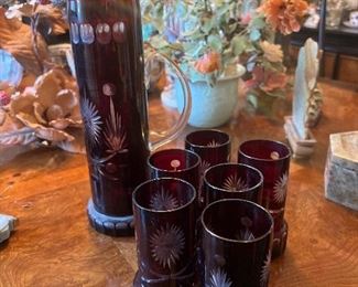 Etched Cranberry Glass Lemonade Picher & Glasses
