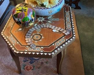 Inlaid Coffee Table, Art Glass Sphere & More