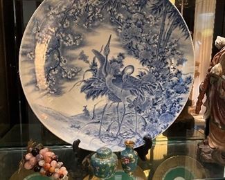 Large 24 " Wide Plate Blue with Cranes