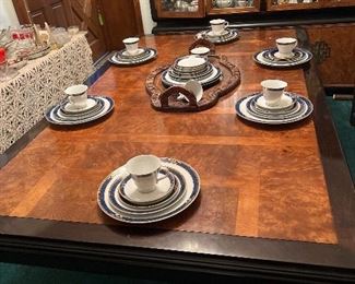 Drexel Heritage Dining Table with Eight Chairs & Matching China Cabinet & Server as well as a set of Wedgwood China