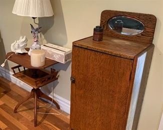 Oak record cabinet, side table, lamp