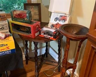 Antique hexagon table, plant stand, lamp