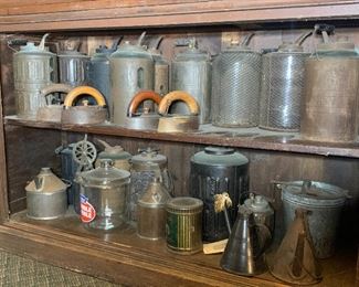 Irons, vintage burners, oil lamp fillers, Double Bubble advertising glass container