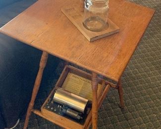 Antique Table, canning jar, early battery machine