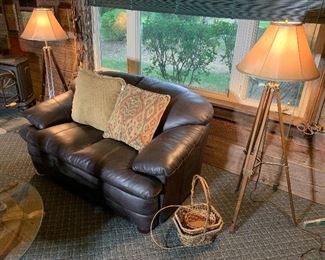 Leather love seat, restoration hardware style tripod lamps