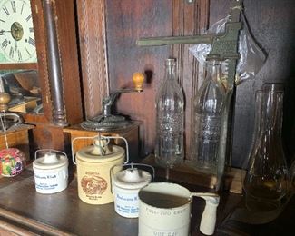 Vintage Detroit bottle capper and bottles, dairy company crock containers 