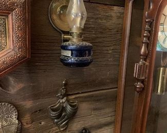 Antique match holders, oil lamp