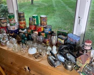 Vintage tins, irons, oil lamp parts