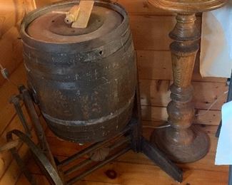 Antique wine barrel, plant stand 