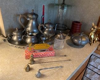 Tea set, candle snuffers, vintage glass containers 