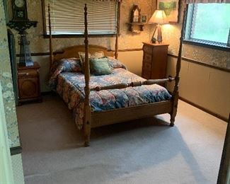 Four post bed, dresser, night stand, clocks