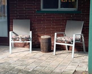 Patio chairs, rustic barrel table 