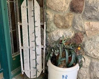 #12 crock, antique toboggan 