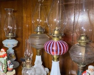 Cranberry / opal antique oil lamp