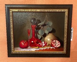 Still Life with Pomegranates, Eucalyptus and Decanter, Original Oil on Canvas by Tami Cardnella - $600