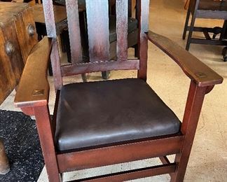 One of 2 Limbert Arts and Crafts Chairs. Both retain original burned in label. 