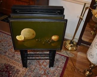 Mid Century Artex Set of 4 Folding Tables Still Life With Fruits, Beautiful Painted Table Set on Stand