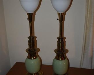 Pair of Brass Table Lamps with Celadon Green Ostrich Egg Porcelain 