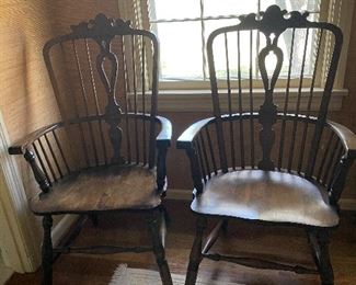 Pair of  Early 19th Century Windsor Splat Back Wood Armchairs
