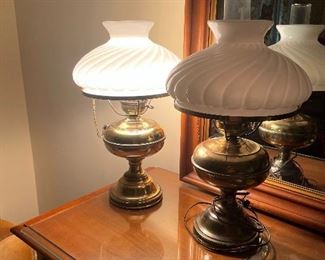 Pair of Vintage Metal Oil Lamp with Swirl Milk Glass Shade 