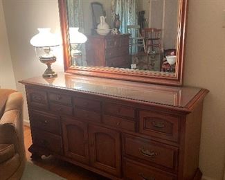Vintage Long Wood Dresser with Mirror 