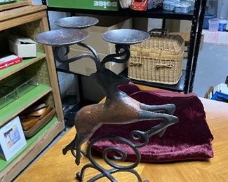 Vintage Wrought Iron and Wood Reindeer Candle Holder