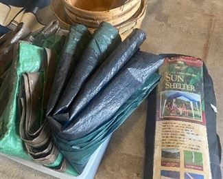 Tarps, apple baskets, sun shade