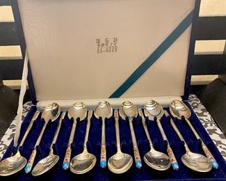 70% Silver Asian Teaspoon set with enameled handle