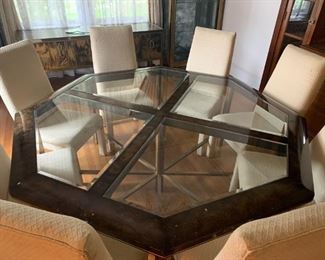 Mastercraft 8 sided large dining room table with monumental burl elm and brass, 8 chairs.