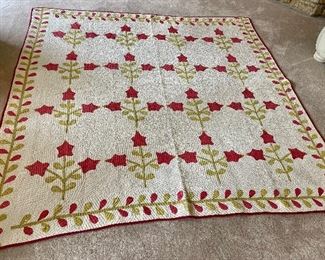 ..Antique Hand Quilted Quilt.  Newer Binding, moderate shredding, few small stains.  Stunning Quilting.   Measures: 80” x 77” (003)
